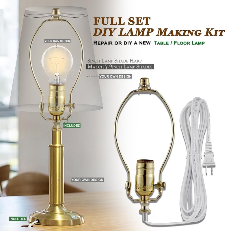 EMNOOTI Lamp Making Kit,Make a Lamp or Repair Kit,3-Way Lamp Socket with Matching Cord Lamp Harp Set,Lamp Wiring Kit for Table Floor Lamp,Essential Hardware for DIY Lamp Design or Repair (Gold, 1) - Image 4